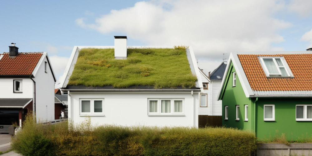 A white house with a green roof and a green roof.
