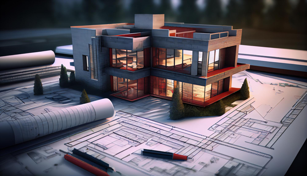 Blueprint designs and a home model for a construction project Background in real estate housing project building and engineering design plans for residential construction Generative AI