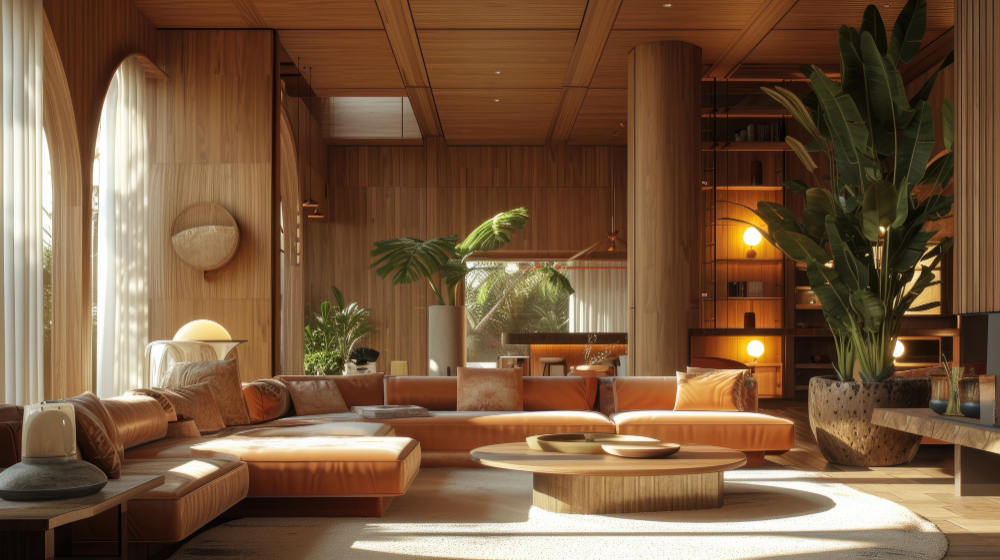 Photorealistic wooden house interior with timber decor and furnishings