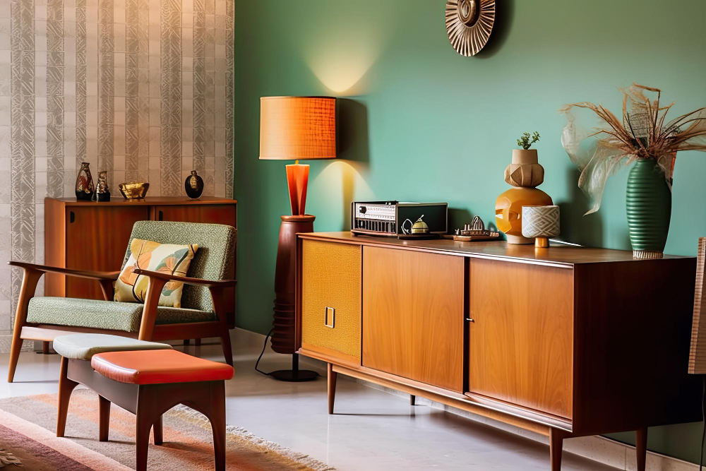Retro room with midcentury modern furniture and vintage accents