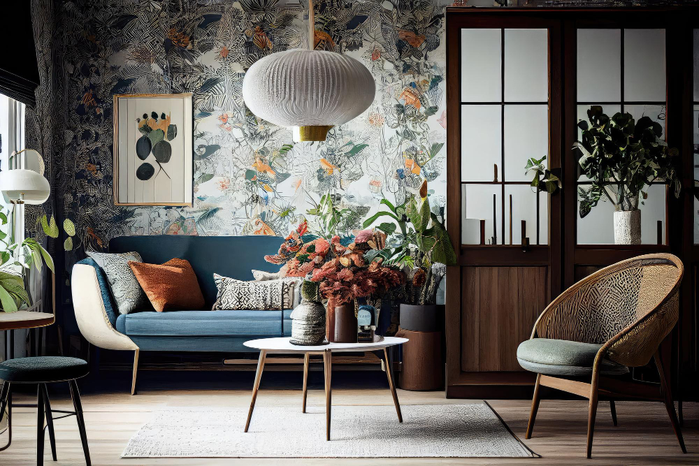 Scandiboho interior with vintage wallpaper and midcentury furniture